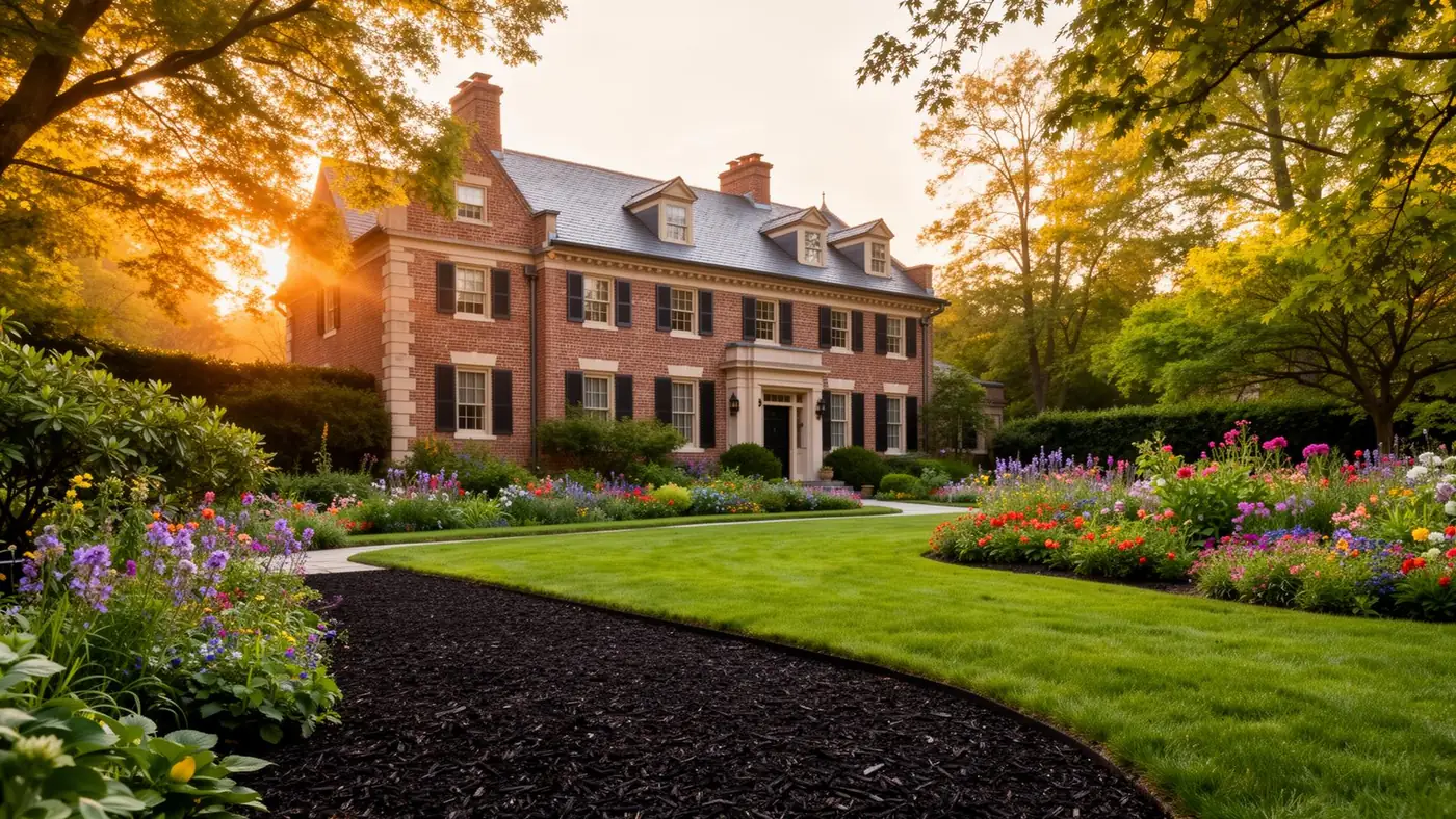 Historic Sewickley home with a meticulously designed garden and fresh mulch
